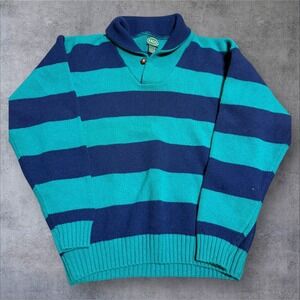 Vintage IZOD Sweater Mens L Lambswool Pullover 1/4 Button Striped Green Preppy